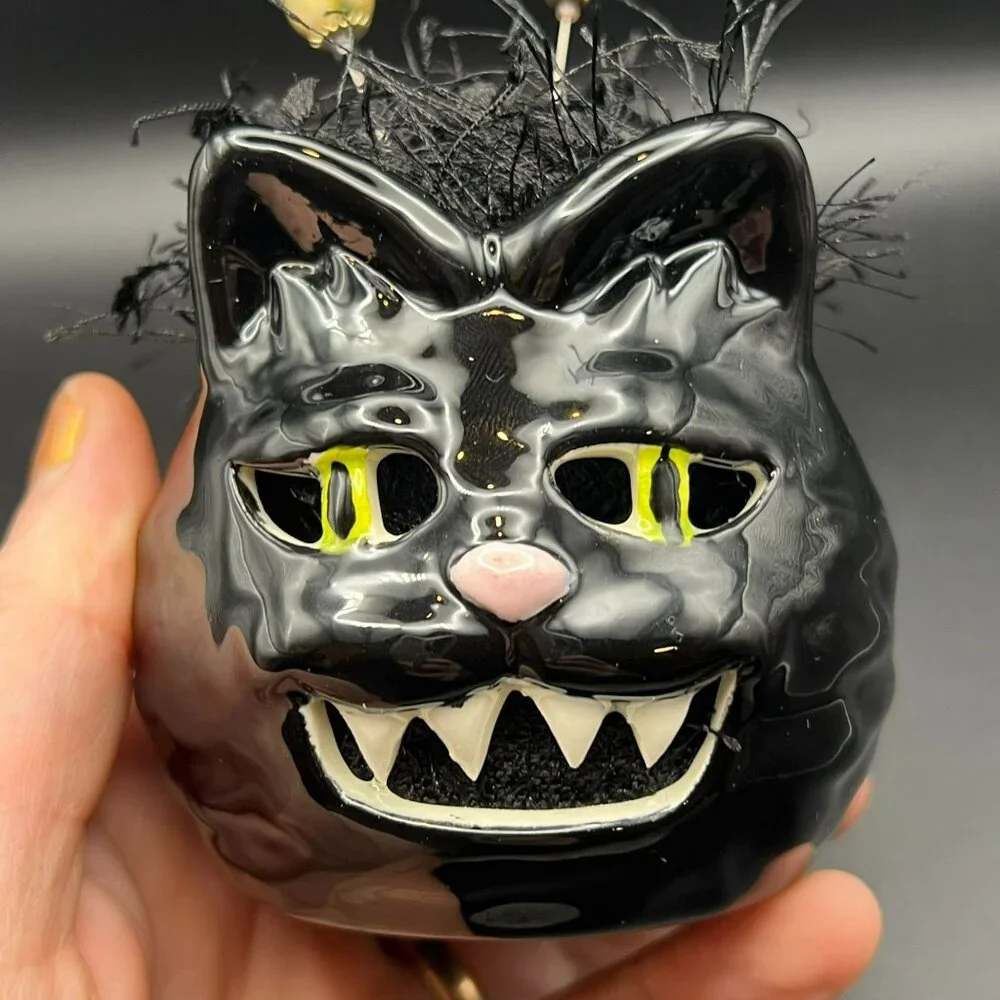 Ceramic Fierce Black Cat Pin‎ Cushion ~ Planter Pot Upcycled ~ Fun!